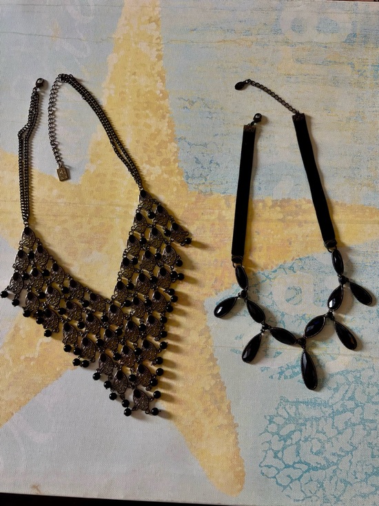 14th & Union Jewelry - 2 elegant Black beaded necklaces.V shape black chain and other ribbon neckline.